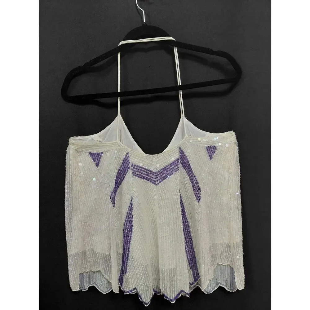 Free People Sequin Beaded Halter Top White Nylon Sleeveless Women Size L - Picture 2 of 8